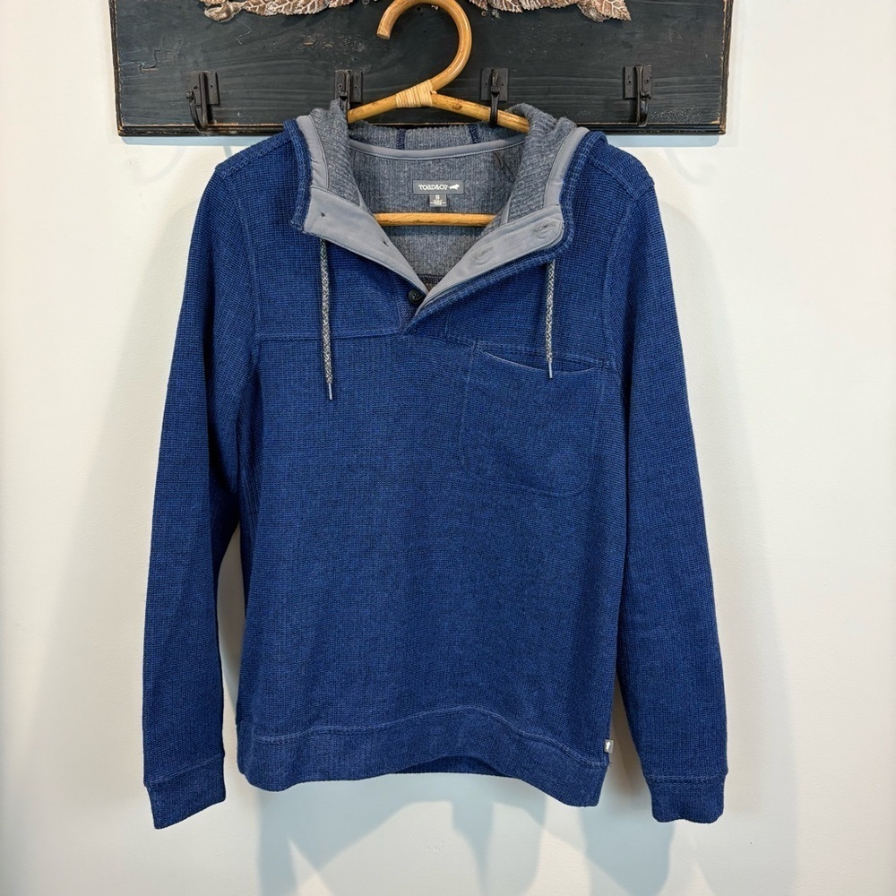 Toad & Co Wool Blend Blue 1/4 Button Hooded Pullover Size Small